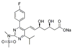 Rosuvastatin Sodium ; (3R,5S,6E)-7-[4-(4-Fluorophenyl)-6-(1-methylethyl)-2-[methyl (methyl sulfonyl) amino]-5-pyrimidinyl]-3,5-dihydroxy- 6-heptenoic acid sodium salt | 147098-18-8