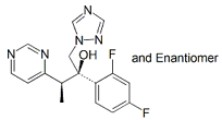 Voriconazole EP Impurity B ;Voriconazole USP RC D ;Desfluoro rac-Voriconazole ;(+/-)-Desmonofluoro Voriconazole ;(2RS,3SR)-2-(2,4-Difluorophenyl)-3-pyrimidin-4-yl-1-(1H-1,2,4-triazol-1-yl)butan-2-ol ;(2R,3S)-2-(2,4-Difluorophenyl)-3-pyrimidin-4-yl-1-(1H-1,2,4-triazol-1-yl)butan-2-ol and enantiomer   |  182369-73-9