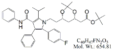 Atorvastatin Acetonide t-Butyl Ester (4S,6S)-Isomer ; (4S,6S)-6-[2-[2-(4-Fluorophenyl)-5-(1-methylethyl)-3-phenyl-4-[(phenyl amino)carbonyl]-1H-pyrrol-1-yl]ethyl]-2,2-dimethyl-1,3-dioxane-4-acetic acid t-butyl ester   |  472967-95-6