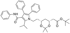 Atorvastatine protected Diol Desfluoro impurity; tert-butyl (4R,6R)-6-{2-[2-isopropyl-4,5-diphenyl-3-(phenylcarbamoyl)pyrrol-1-yl]ethyl}-2,2-dimethyl-1,3-dioxane-4-acetate;1105067-91-1